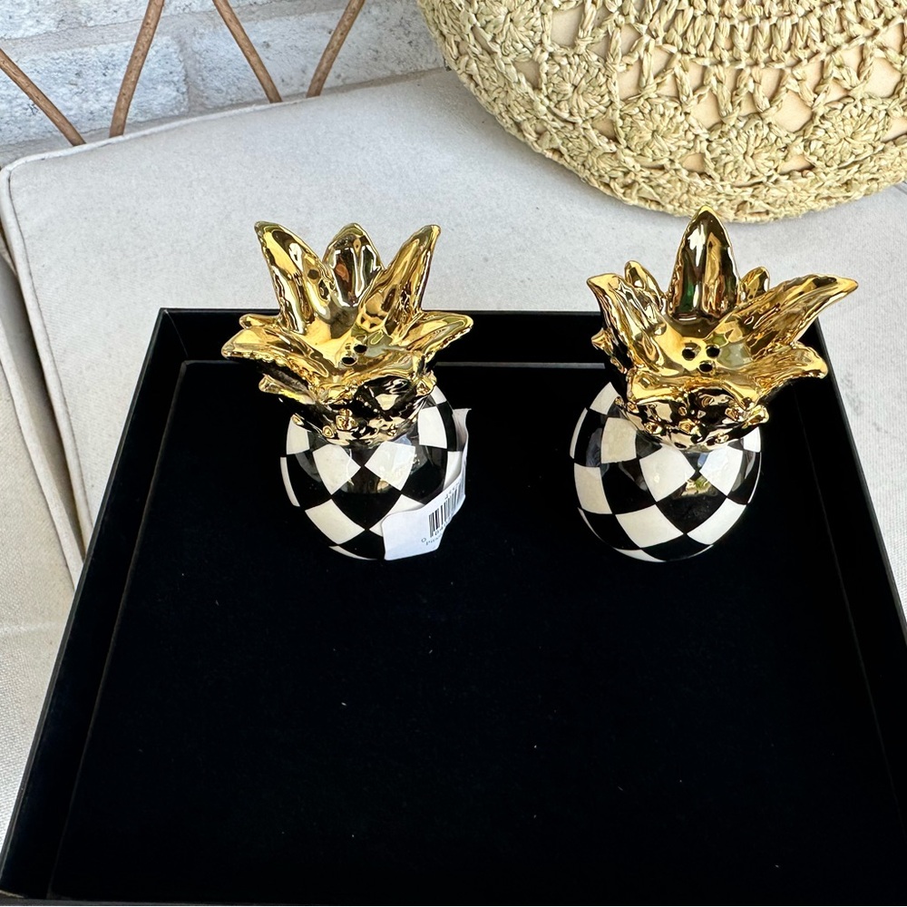 MacKenzie-Childs Gold and Black Checkered Pineapple shakers